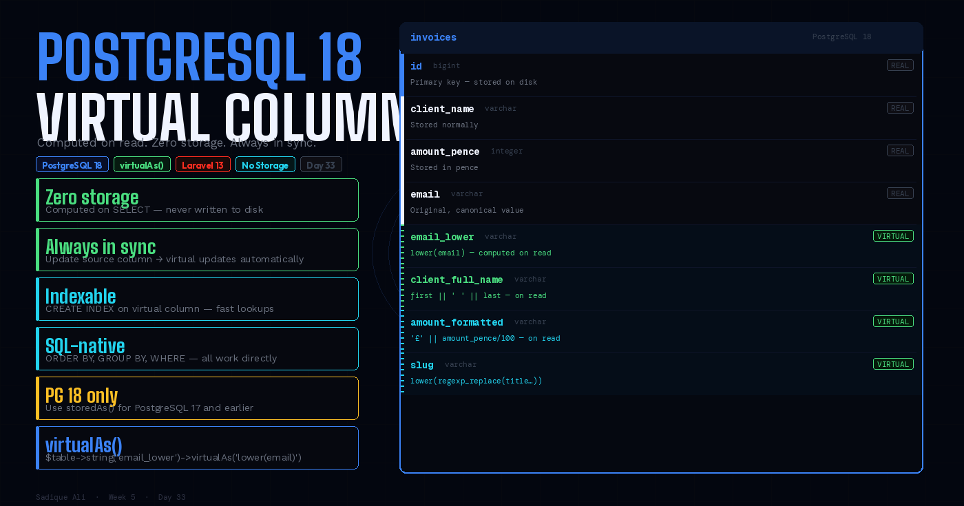 PostgreSQL 18 Adds Virtual Generated Columns to Laravel. Here’s Every Pattern Worth Knowing.